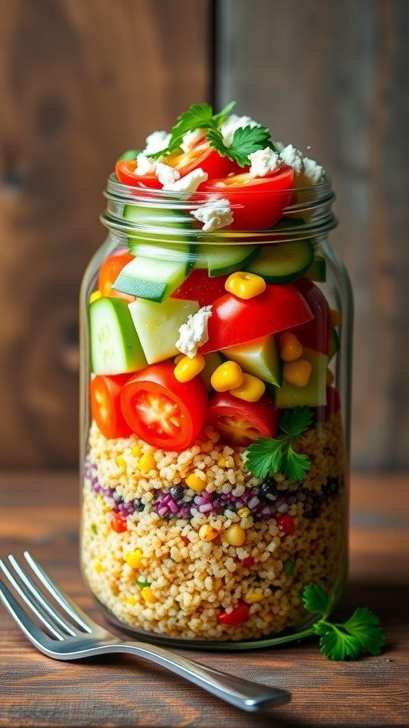 Layered Quinoa Salad Jar Recipe A layered quinoa salad jar with colorful vegetables and quinoa, set on a wooden table with a fork.
